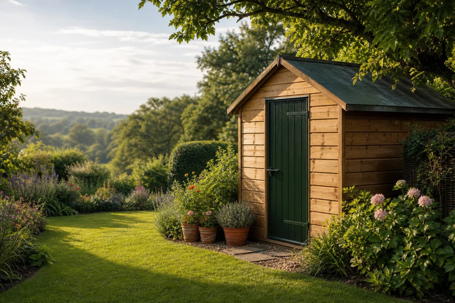 Timber garden building in a sunny English garden